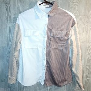 SHEIN teen Color Block Button-Up Shacket- 12-13Y